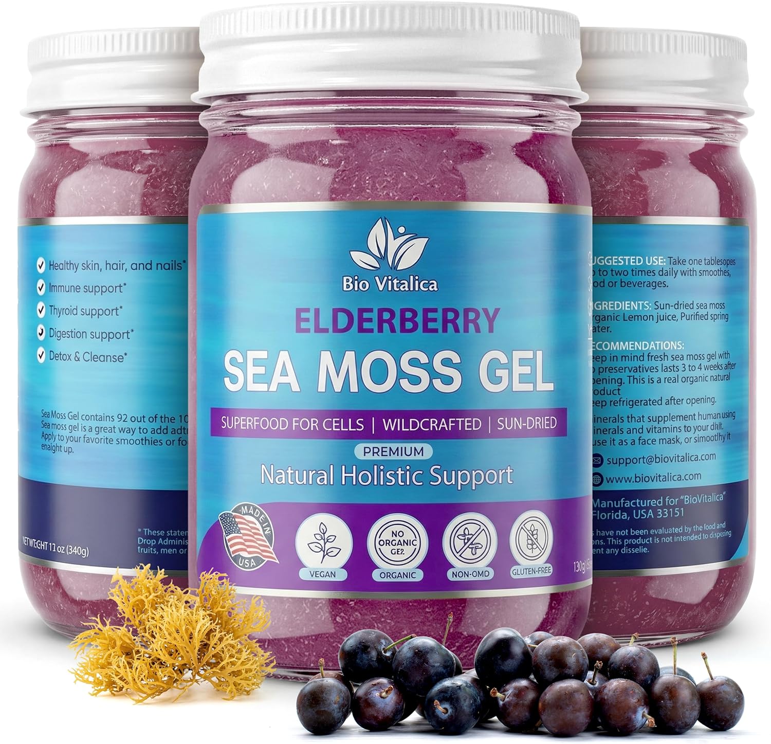 Elderberry Sea Moss Gel - Wildcrafted Sea Moss, Vegan, Non-GMO, Gluten-Free, Made in USA (Bio Vitalica)